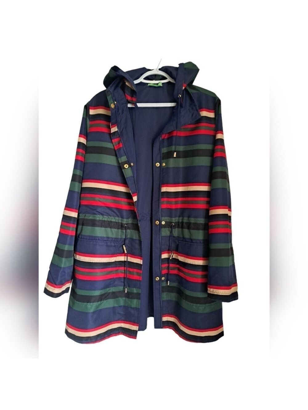 C WONDER Reversible hooded jacket solid navy multi stripe zip windbreaker size L - Picture 2 of 6